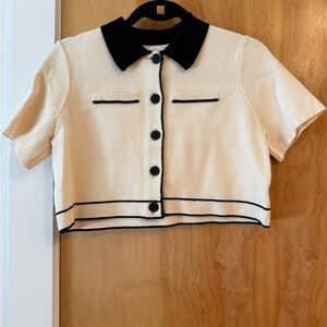 OAK + FORT Cream Knit Cardigan with Black Trim